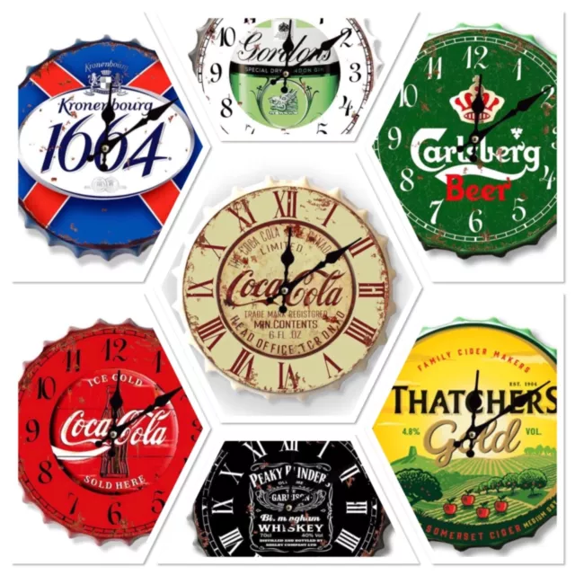 NEW STOCK Huge Range Vintage Retro 30cm Wall Mounted Metal Beer Bottle Top Clock 2