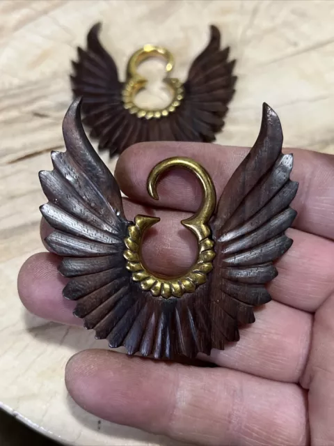 PAIR TRIBAL 8g 3mm Brass SONO WOOD WINGS EAR WEIGHTS PLUGS GAUGE
