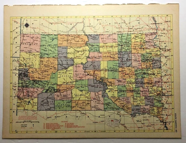 1950'S VINTAGE SOUTH DAKOTA Antique Atlas Map - Hammond's New World