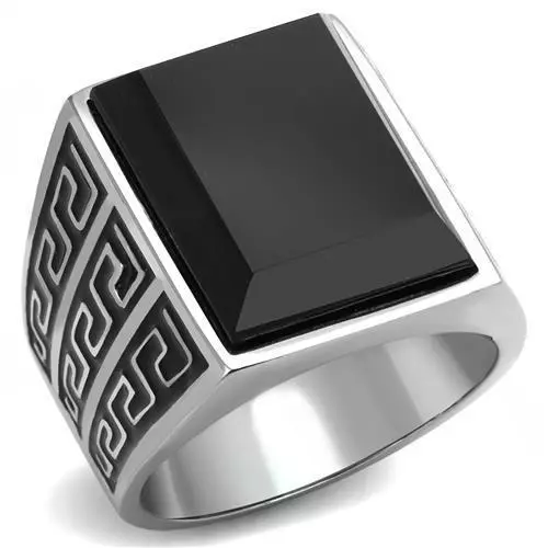 Mens  silver  onyx ring signet emerald cut black greek key stainless steel