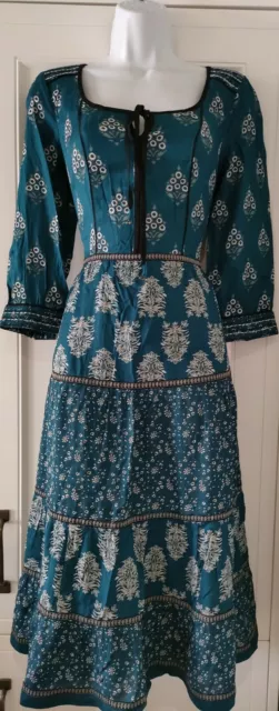 Monsun blaugrün gestufte Damenquaste 70er Jahre Boho Bauer Zigeuner Midi-Kleid 8 neu