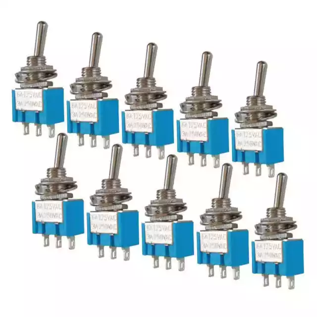 10x Miniatur-Kippschalter mit Lötösen, 1-polig, EIN-AUS-EIN, 3A, 250V~, blau