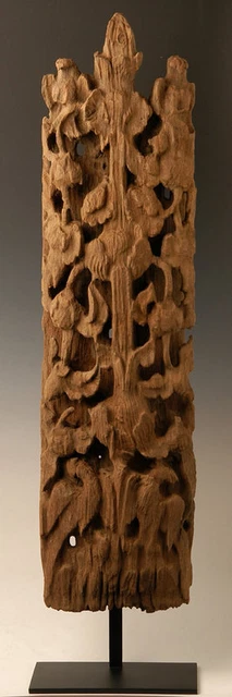 16th Century, Ava, Antique Burmese Wood Carving Panel with Flower