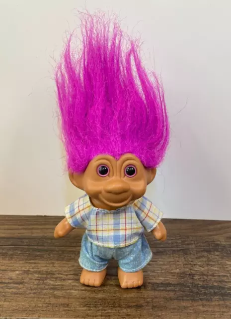 Vintage 5" Troll Figure Pink Purple Hair in Shirt & Pants Outfit Plaid Jeans