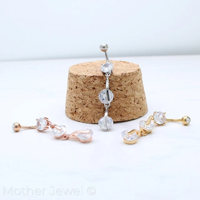 Trio Triple Simulated Diamond Silver 14K Yellow Rose Gold Ip Belly Navel Ring