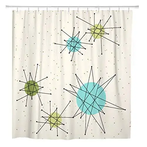 Shower Curtain Mid Iconic Atomic Starbursts Century Modern Sputnik Palm Sprin...
