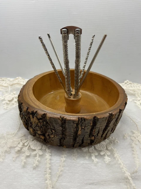 Vintage Nut Cracker Set With Wooden Log Bark Nut 6” Bowl with Nut Cracker/Picks Vintage Nut Cracker Set With Wooden Log Bark Nut 6” Bowl with Nut Cracker/Picks