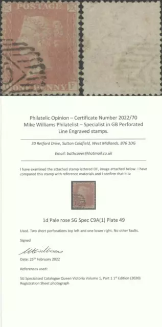 SG Spec C9A(1) 1d Pale Rose Plate 49 'OF' WITH CERTIFICATE. Please See Scans.