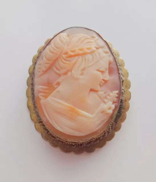 Antique Sterling Silver Mark 800 Shell Cameo Beauty Profile Brooch Pin Pendant