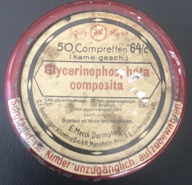 Blechdose Kohle-Compretten, 7 cm, Merck Darmstadt, Reklame Werbung ca. 1900 MBK