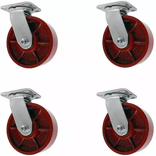 CasterHQ - 5" x 2" Red Ductile Iron/Steel Swivel Caster - Set of 4-5,000lbs Capa