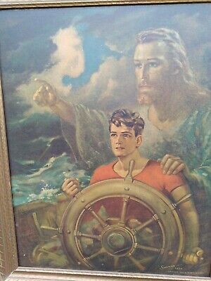 Warner Sallman CHRIST OUR PILOT 10x8 Art Print Jesus Young Man on Boat in Storm 