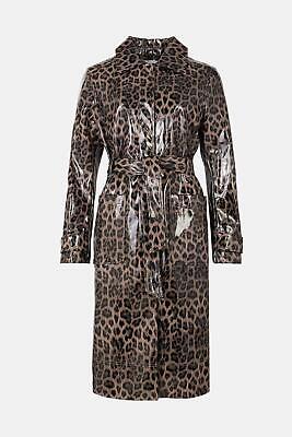Warehouse Faux Leather Patent Vinyl Leopard Trench Coat brand new with tags
