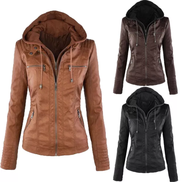 Women's PU Leather Hooded Jackets Slim Parka Coat Overcoat Trench Warm Outwear