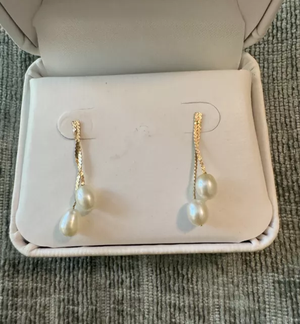 14K Solid Yellow Gold Natural White Pearl Dangle Drop Earrings Ladys Womens