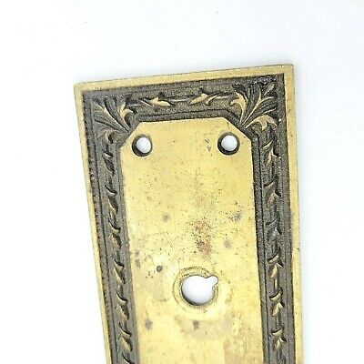 Antique Brass Doorknob Back Plate Thumb Lock Hole 7 1/8" x 2 3/8" 3