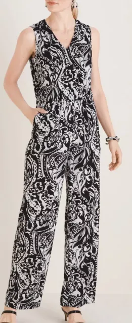 Chicos Vibe Jumpsuit Sz 2 Black White Floral Slinky Women 12/14  Romper NWT