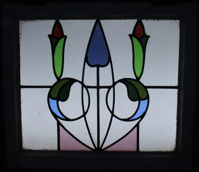 MIDSIZE OLD ENGLISH LEADED STAINED GLASS WINDOW Abstract Floral 24.25" x 21.25" 2