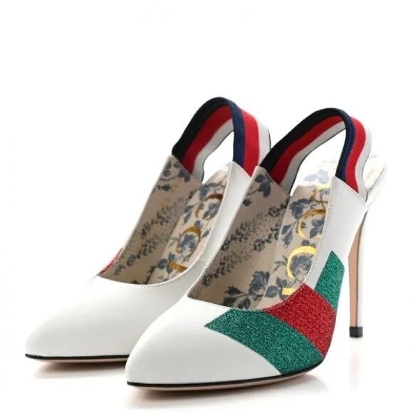 GUCCI Calfskin Glitter Web High Heel Slingback Pumps White