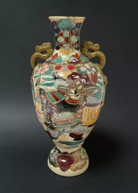 Large Antique Japanese Satsuma Moriage Vase Twin Dragon Handles Signed Af