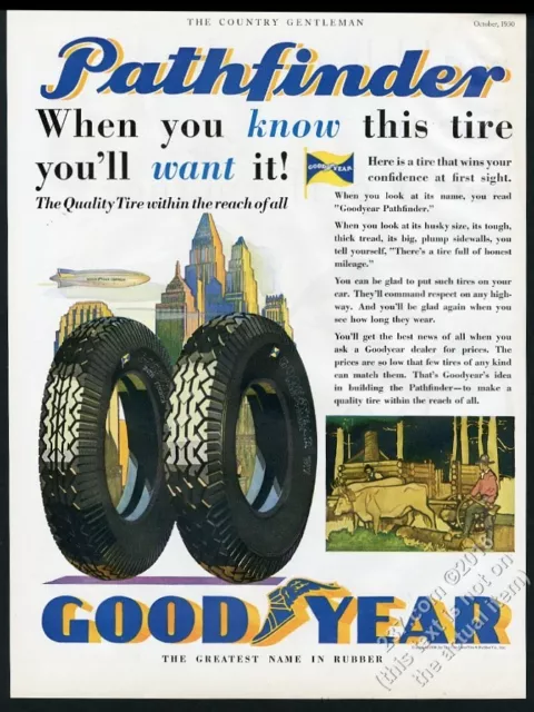 1930 Goodyear Zeppelin color art Pathfinder tires vintage print ad