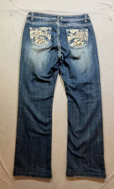 Reba Pants Womens 8 Blue Denim Sequin Pocketed Belted Boot Cut 34x31