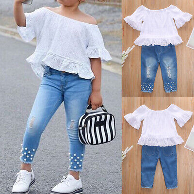 2PCS Toddler Kids Baby Girl Clothes Ruffle T Shirt Tops Jeans Pants Outfits Set