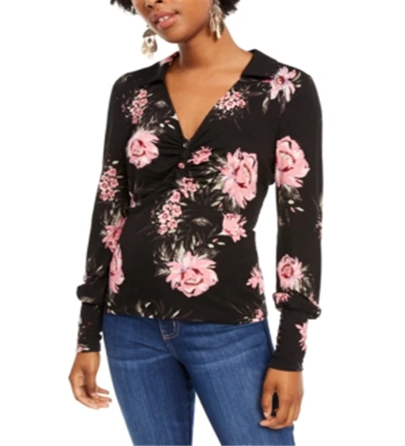 American Rag Junior's Printed Ruched Blouson Sleeve Top Black Size X-Small