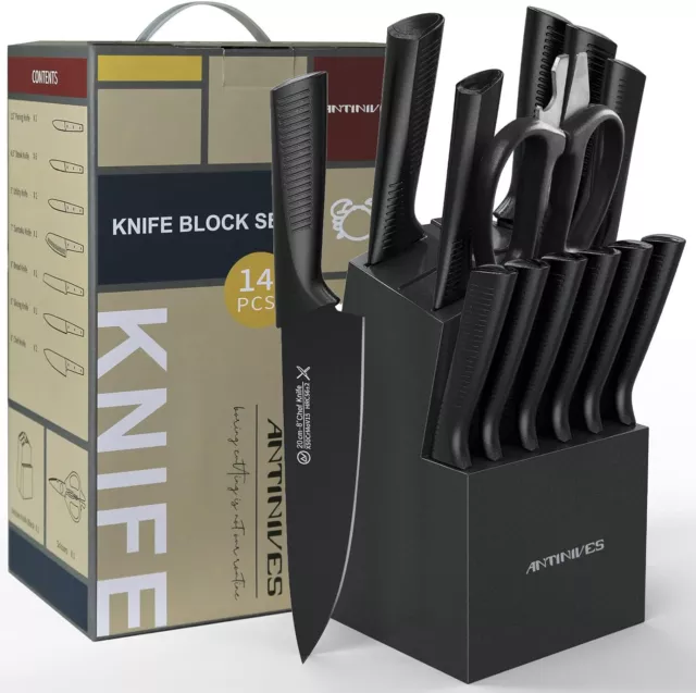 14 Pcs German Stainless Steel Knife Set with Block, Kitchen Knife