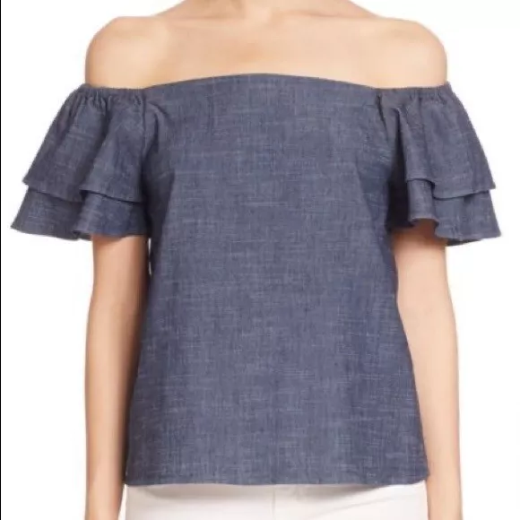 Alice + Olivia Loryn Off the Shoulder Ruffle Sleeve Chambray Top Blue Large