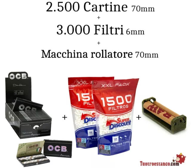 2.500 OCB doppia finestra 70mm + 3.000 Filtros 6mm + liadora RAW 70mm