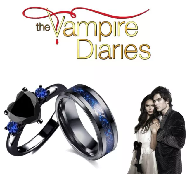 The Vampire Diaries Elena/Damon blauer Saphir, schwarzer Onyx, wolframbeschichteter Ring