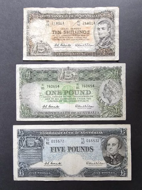 Predecimal 1960 - 1961 banknotes set 10 Shillings & £1, 5 Pounds Coombs/Wilson