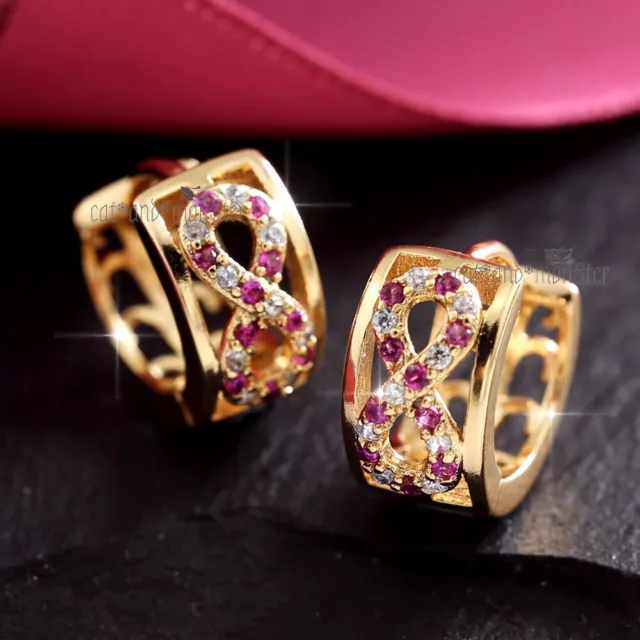 18K Gold Gf Pink Crystal Dotted Infinity Band Women Girls Filigree Hoop Earrings