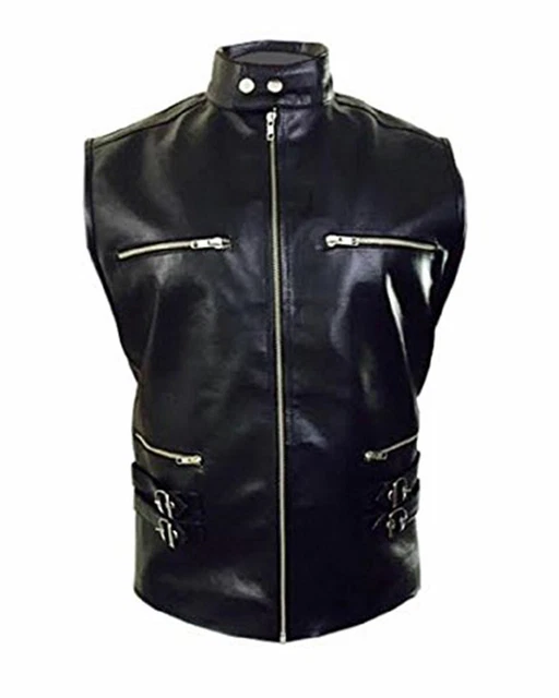 Uomo Vera Pelle Nero Motociclista Stile Gilet IN Maglia