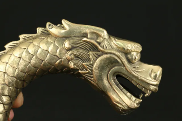 Chinese Old Copper Hand Carved Ferocity Dragon Statue Walking Stick Head 2