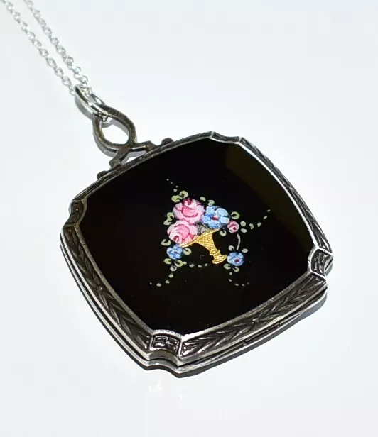 STUNNING! Black Antique STERLING ENAMEL Hand Painted FLOWERS Locket Necklace