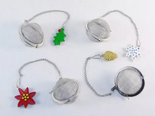 2” Stainless Steel Tea Ball Infusers, Set of 4 Assorted Holiday Charms On Chains