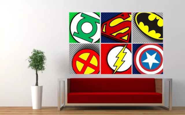 SUPERHERO logos pop art badges wall sticker boys bedroom decal Superman Batman