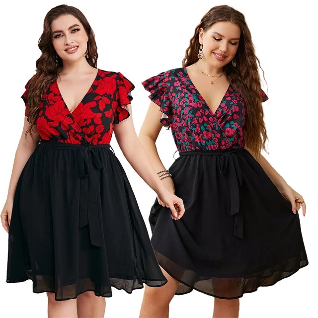 Taglie Forti Donna Casual Stampa Floreale Scollo V a-Line Manica Corta Vestiti A