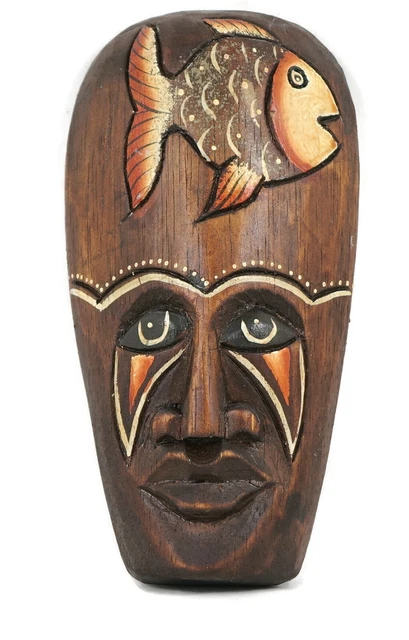 AFRICAN ETHNIC HAND-CARVED PAINTED WOODEN TRIBAL WALL FACE AND FISH MASK Folk Ar