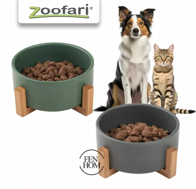 Zoofari Pet Feeding Bowl For Cat Puppy Dog Ceramic & Bamboo Legs Raised Non-Slip