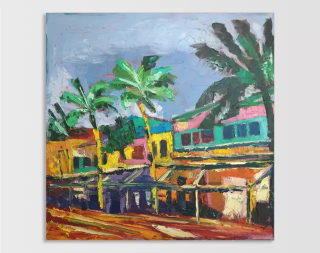 Original Cityscape oil painting Hawaii beach Town Palm tree artwork 50x50 cm