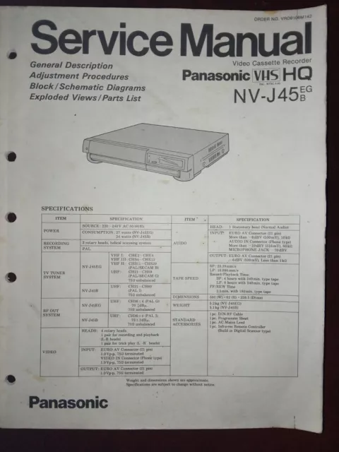 PANASONIC NV-J45 VHS Video Cassette Recorder Repair Service Manual VRD9106M142