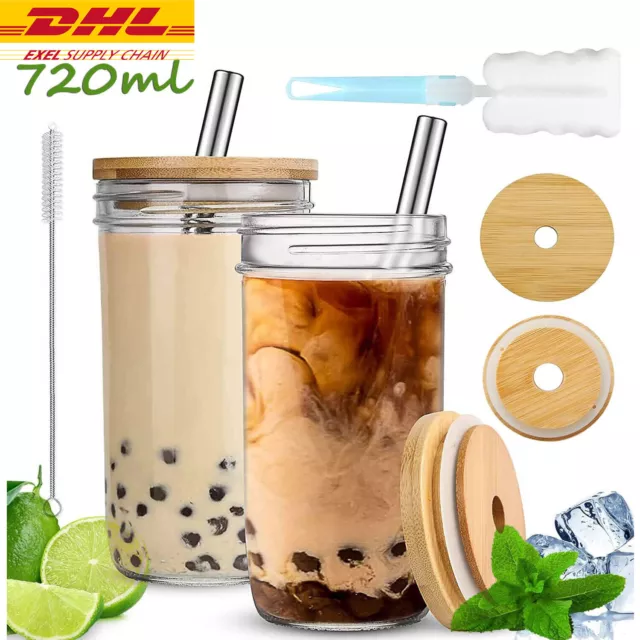 2 Bubble Tea Becher Glas mit Strohhalm und Deckel 720ml Mehrweg Tumbler Smoothie