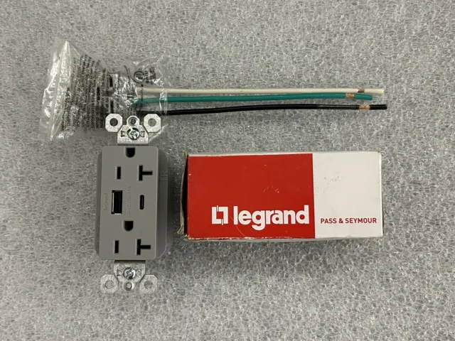 Legrand Pass & Seymour Power Outlet With USB Type A Type C 20A Gray Commercial