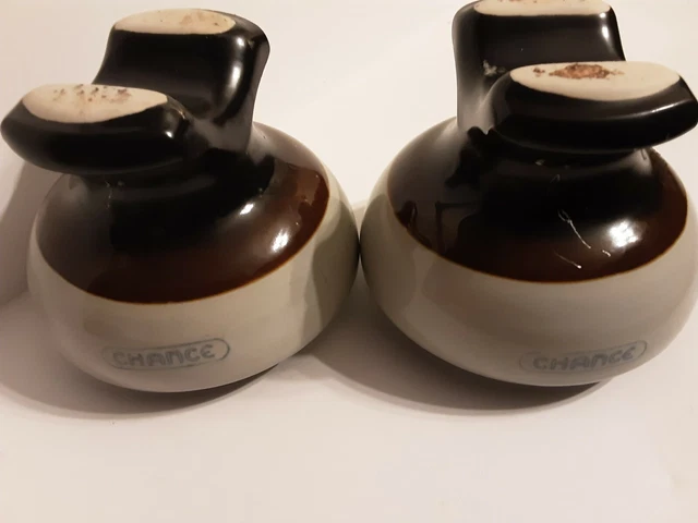 Set of 2 Vintage   White And Brown Large Chance Insulator 4" Tall  5" wide