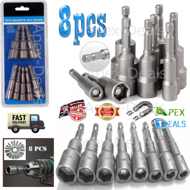 8pcs 1/4" Hex Magnetic Nut Driver Drill Bit Set Metric Impact Socket 6mm To 13mm