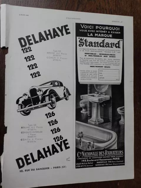 DELAHAYE par René RAVO + CIE NATIONALE RADIATEURS pub papier ILLUSTRATION 1933