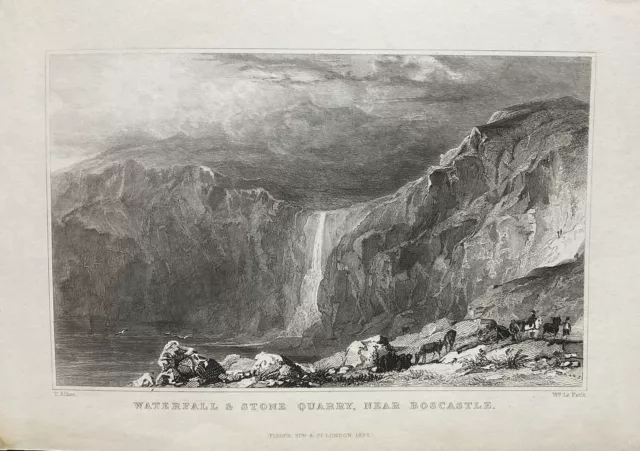 Waterfall & Stone Quarry near Boscastle, Cornwall,  Antique Print c1832
